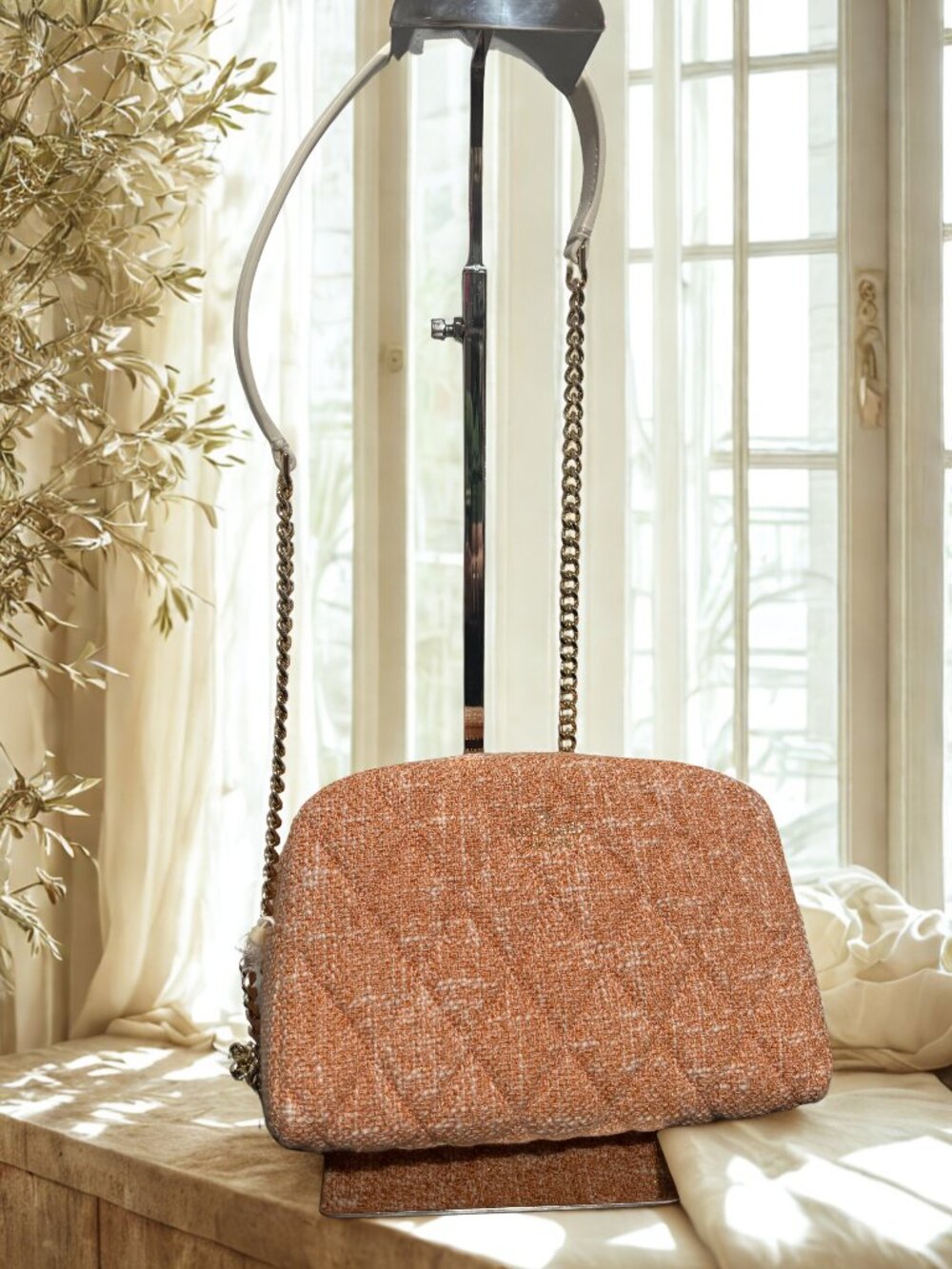 kate spade Peach Tweed Quilted Crossbody with Gold Chain